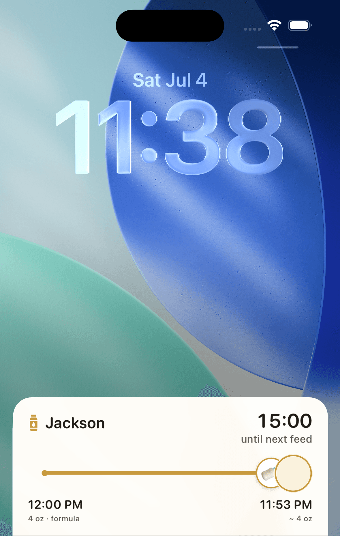 iPhone lock screen showing HappyCub's Live Activity — a glanceable countdown to Jackson's next feed at 11:53 PM, with the last feed at 12:00 PM.