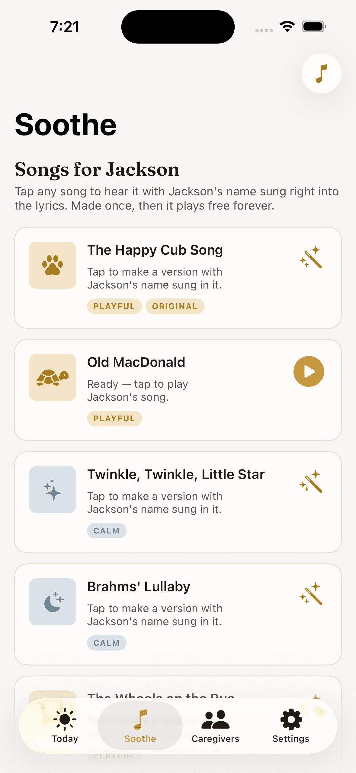 HappyCub Soothe screen — 'Songs for Jackson', with Old MacDonald showing 'Ready — tap to play Jackson's song' and a play button; each song sings the baby's name into the lyrics.