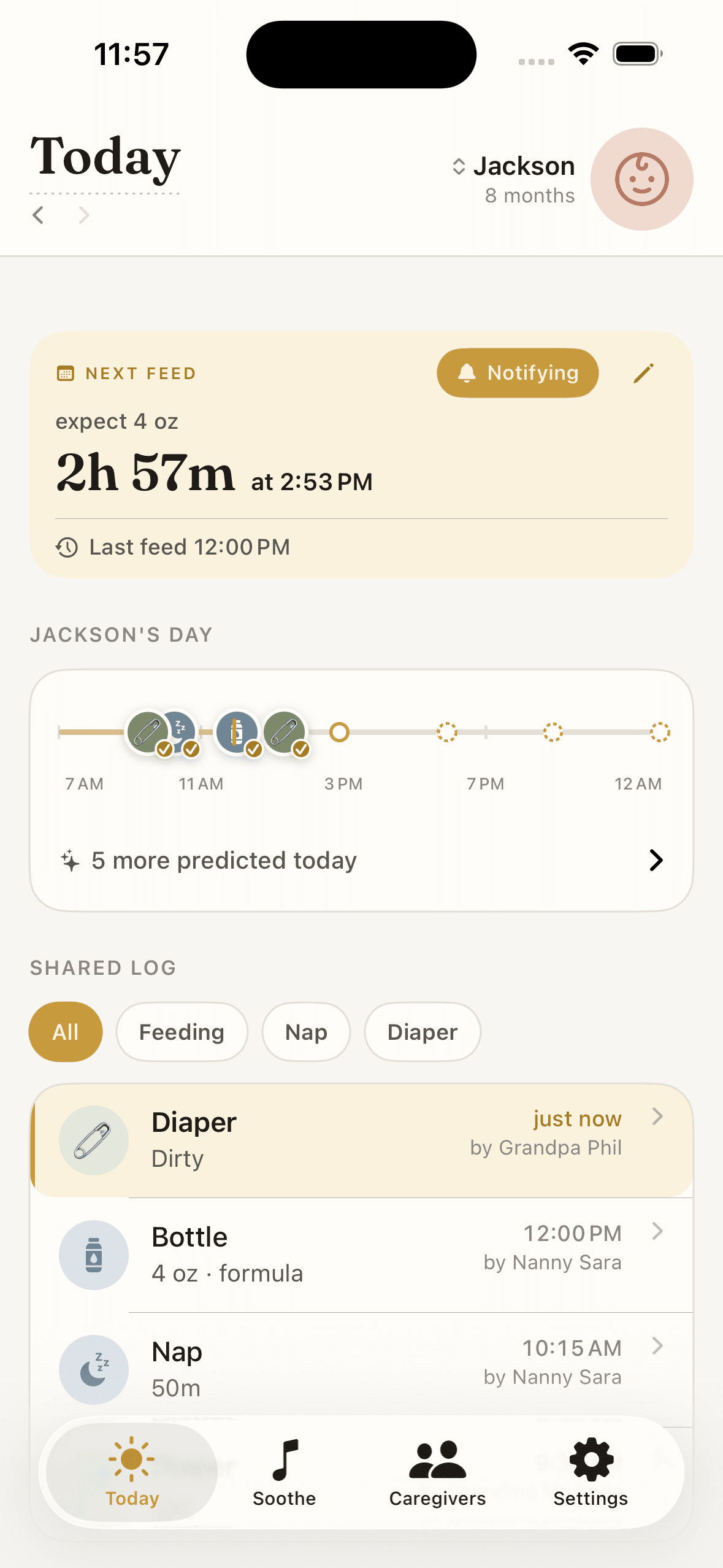HappyCub Today screen — the shared log showing each feed, nap, and diaper tagged with the caregiver who logged it.