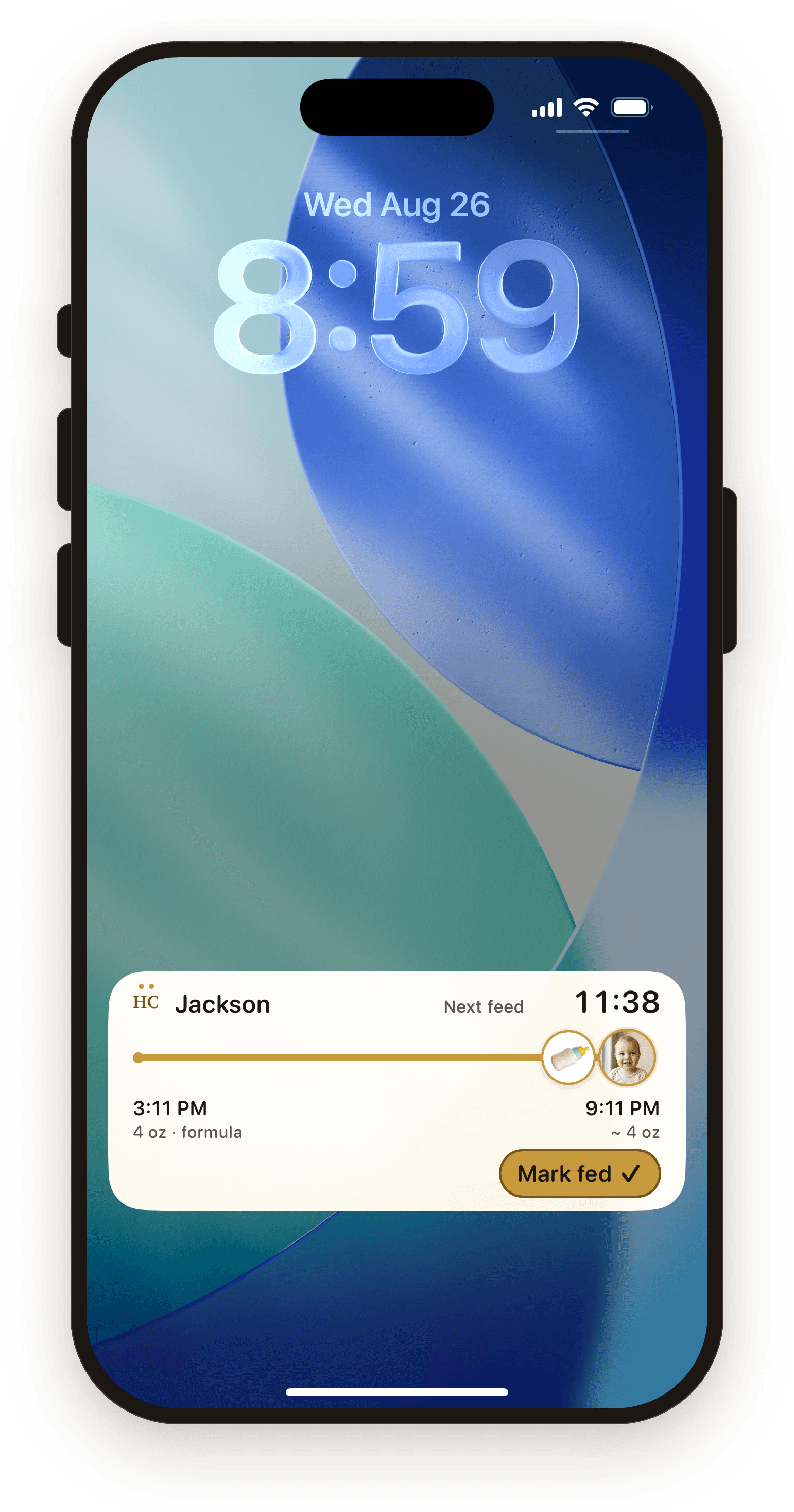 An iPhone lock screen counting down to Jackson's next feed.