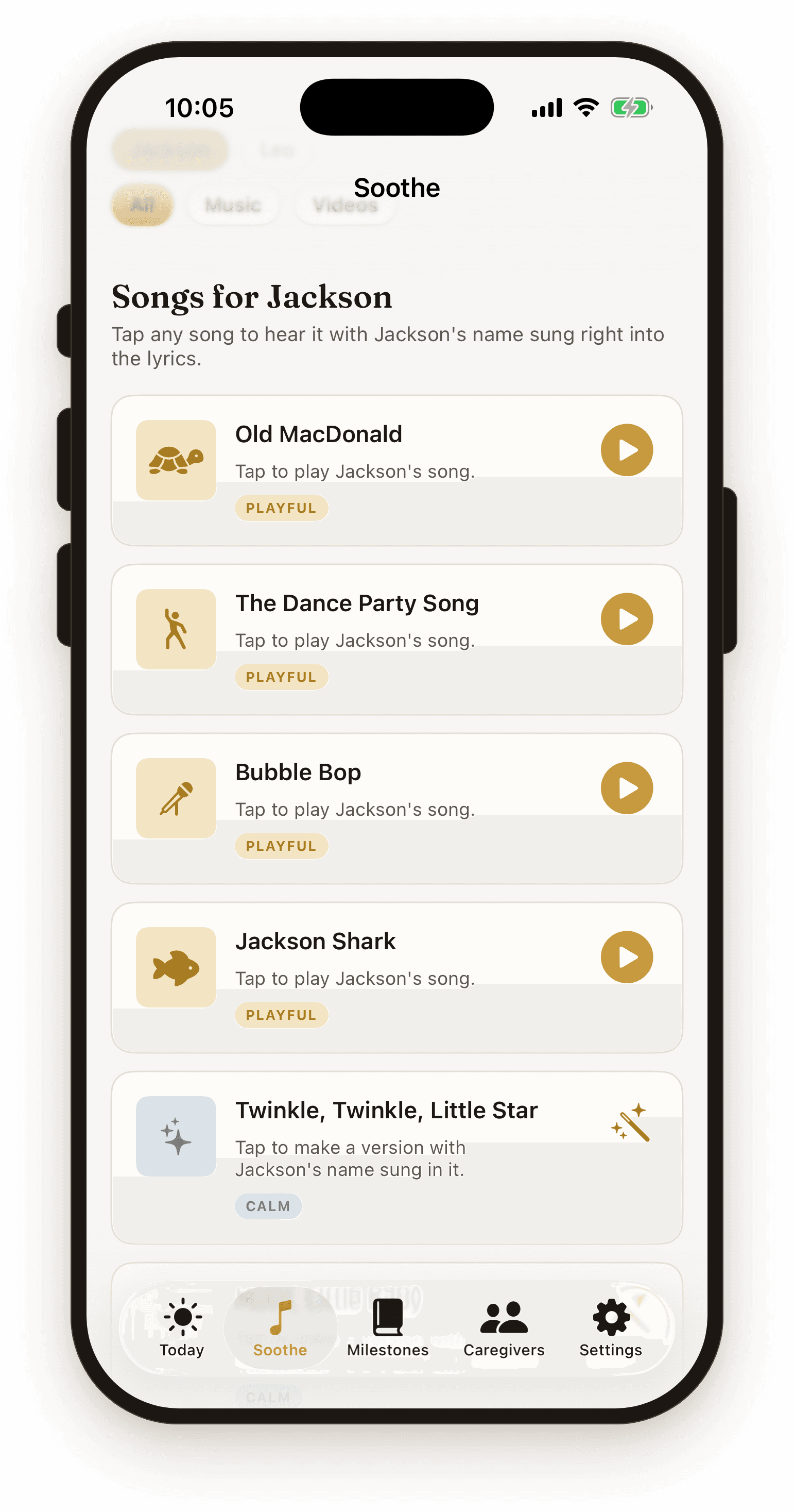 HappyCub's Soothe screen: five songs for Jackson, each one singing his name into the lyrics.