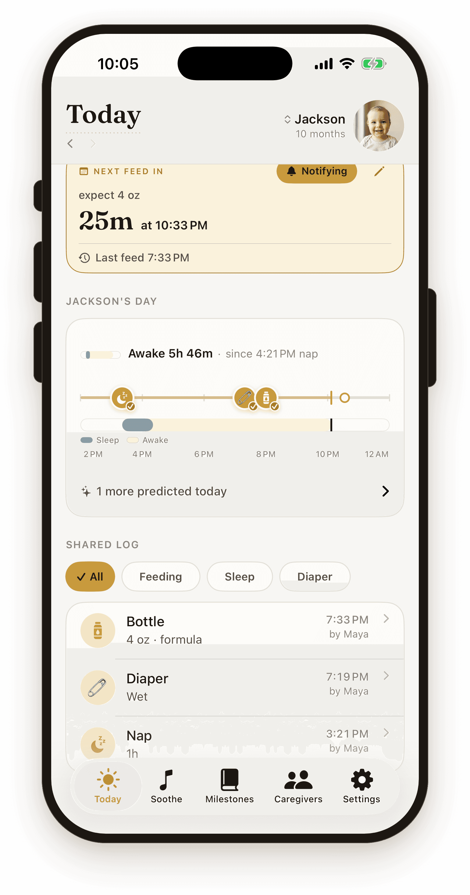 HappyCub's Today screen: the next feed counting down, and a shared log where every entry says who logged it.